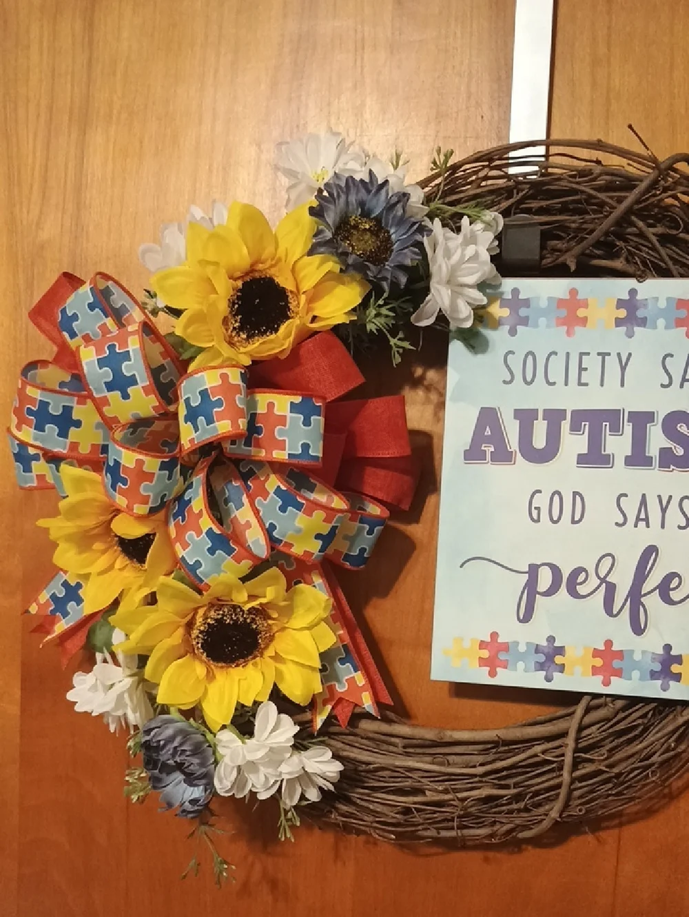 Autism Awareness Grapevine Wreath with Sunflowers and Puzzle Ribbon